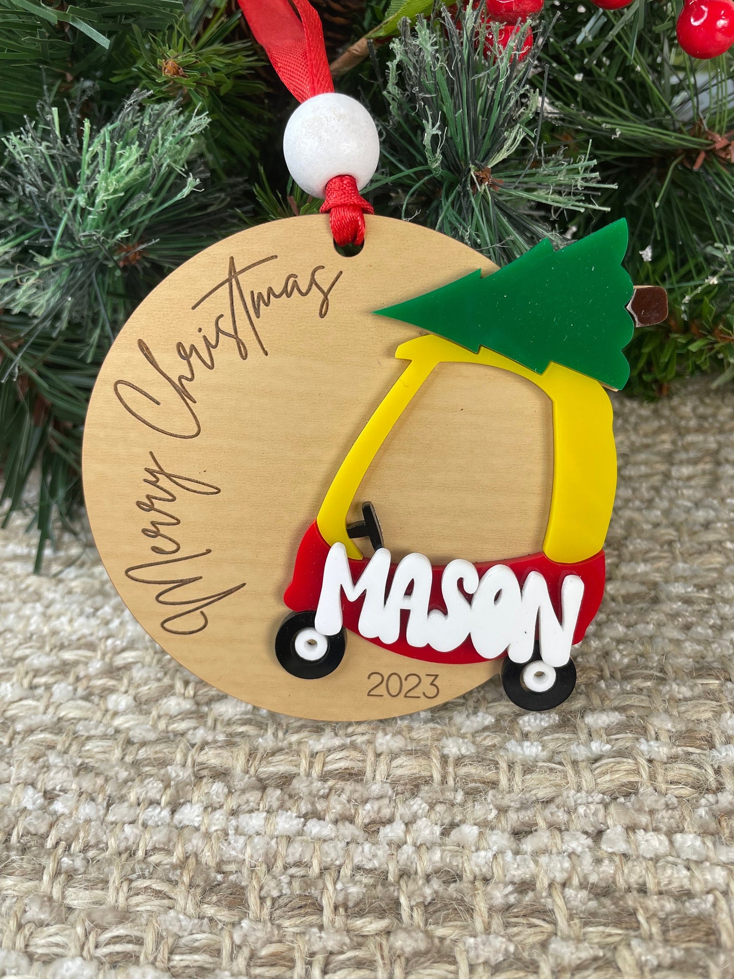 Kids Ornament, First Christmas, Cozy Coupe