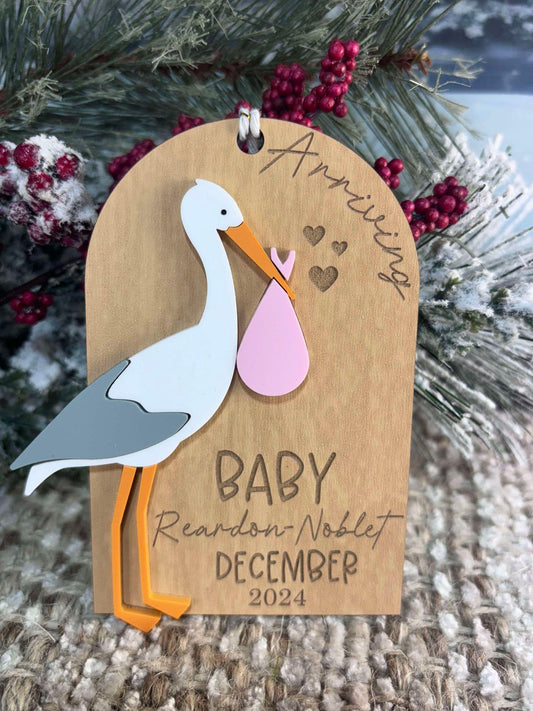 Baby Announcement Ornament, Pregnancy Announcement Ornament, Stork Baby Ornament, Christmas Ornament, Holiday Ornament, First Baby Ornament